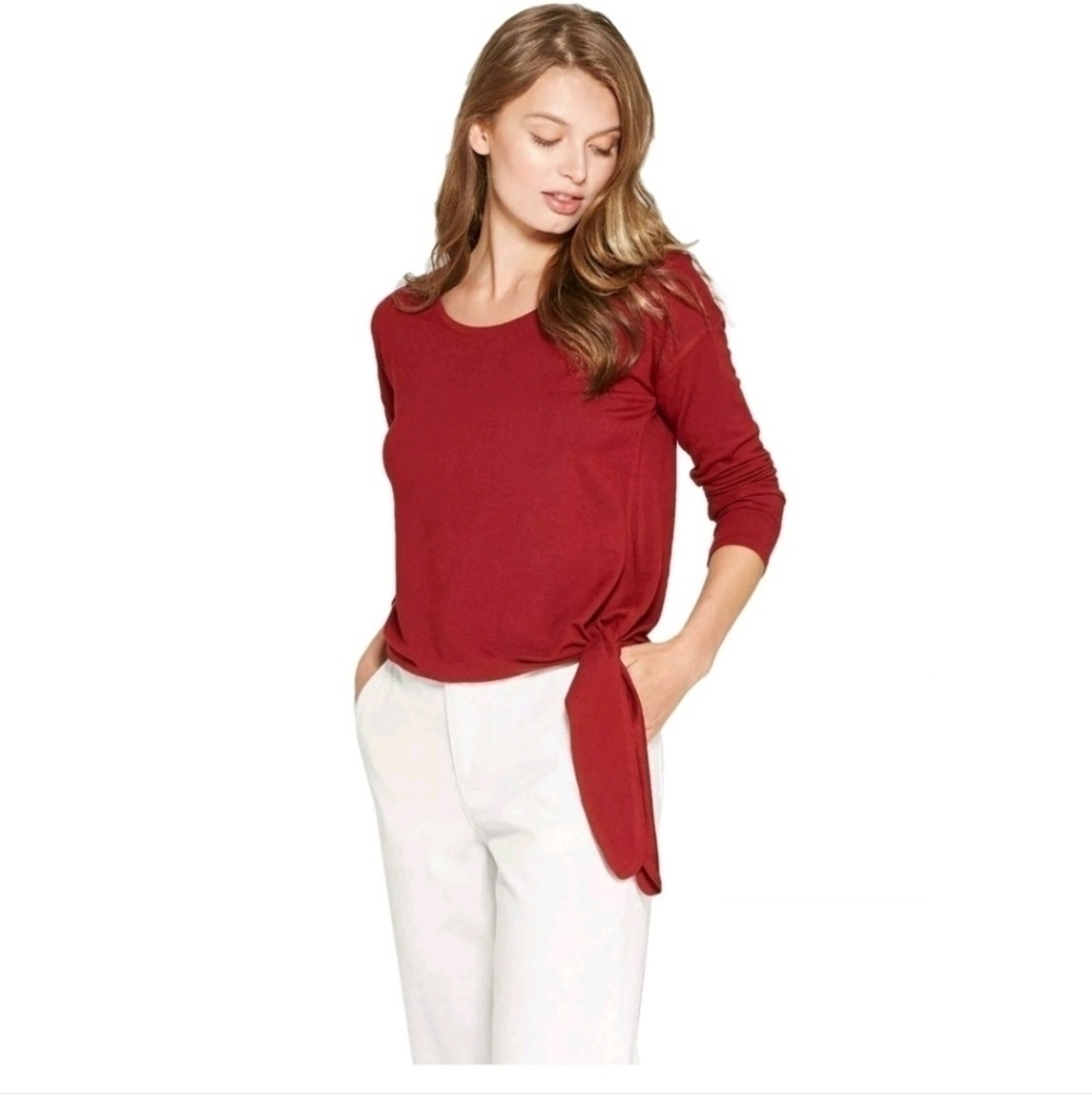 A New Day Burgundy Side Tie Knot Long Sleeve Soft Modal Top Blouse Size XS